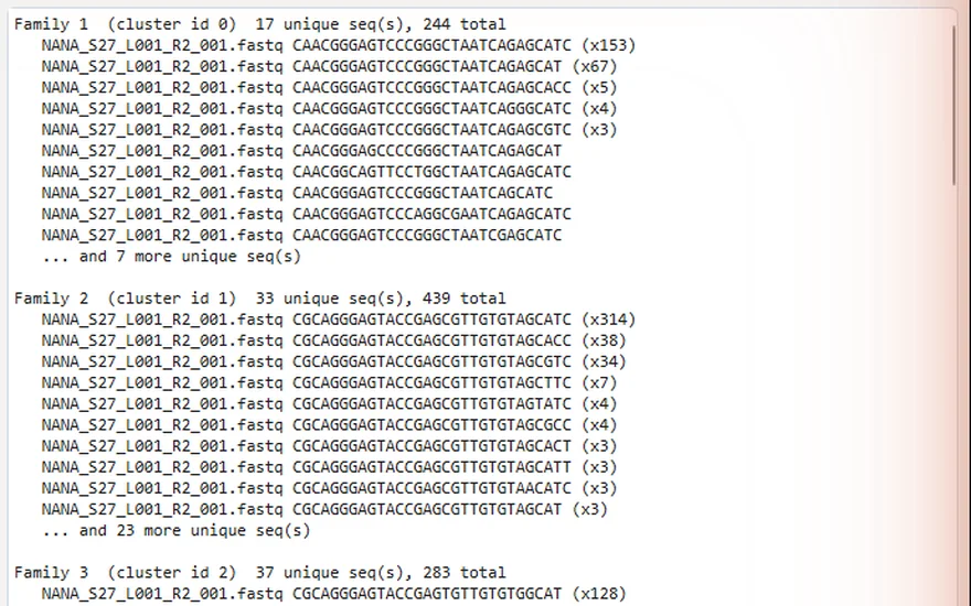 Aptamer Analysis Tool output: family preview listing sequence families with unique-sequence and read counts